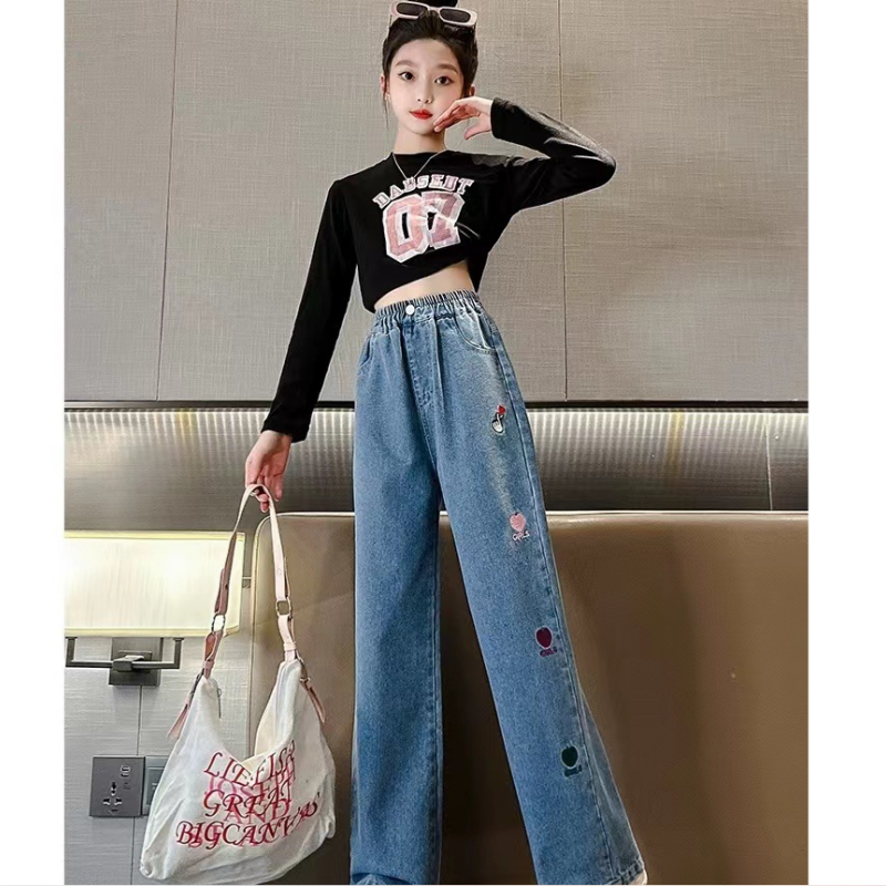 Girls Denim Wide Leg Pants Korean Jeans for Kids Girls Version