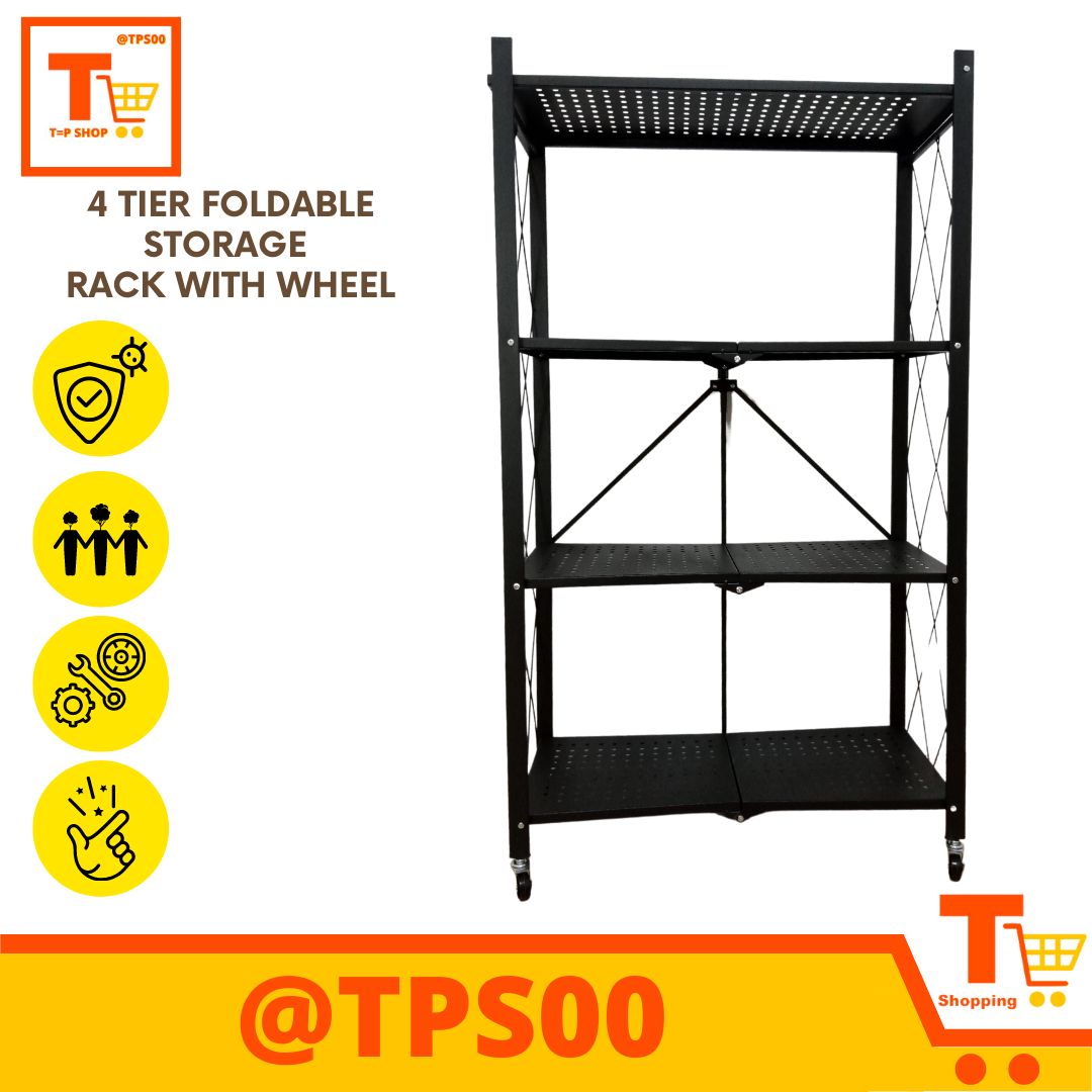 4 Tier Foldable Storage Rack With Wheels 4 Layers Storage Shelves