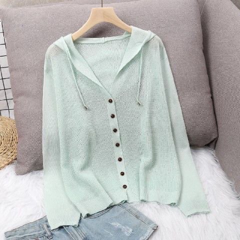 Cardigan Sweater for Women Short Hooded Top Long Sleeve Thin Hollow Sunscreen Ice Silk Knitted Cardigan