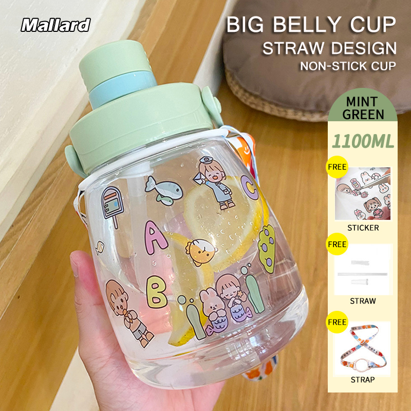 1100ml Water Bottle Outdoor Big Belly Cup High-Value and Convenient  Cross-Body Strap Plastic Straw