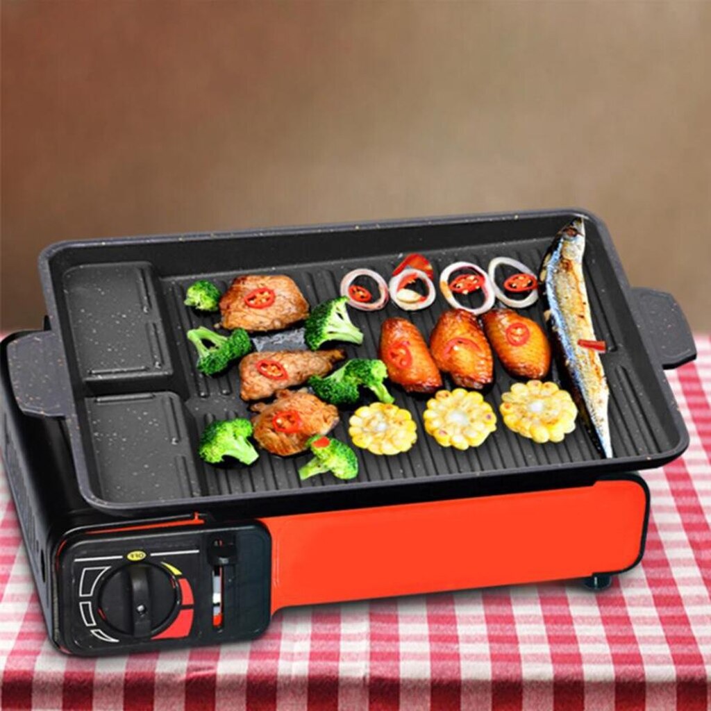 Portable Korean BBQ Grill Pan Non-Stick Grill Plate Gas Stove Cooker Party  Picnic Terrace Beach Barbecue Tray