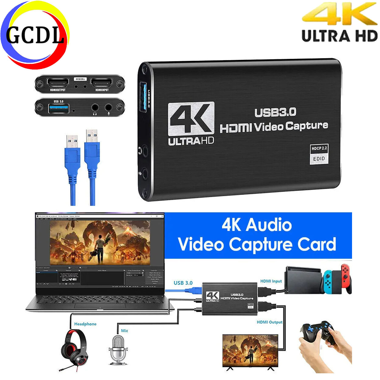 Capture Card, 4K Video Capture Card USB 3.0 1080P 60fps HDMI Audio