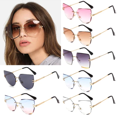 WEARXUNKANGDA Fashion UV400 Frameless Eyeglasses Cutting Lens Shades Women Metal Sunglasses Cat Eye Sunglasses Rimless