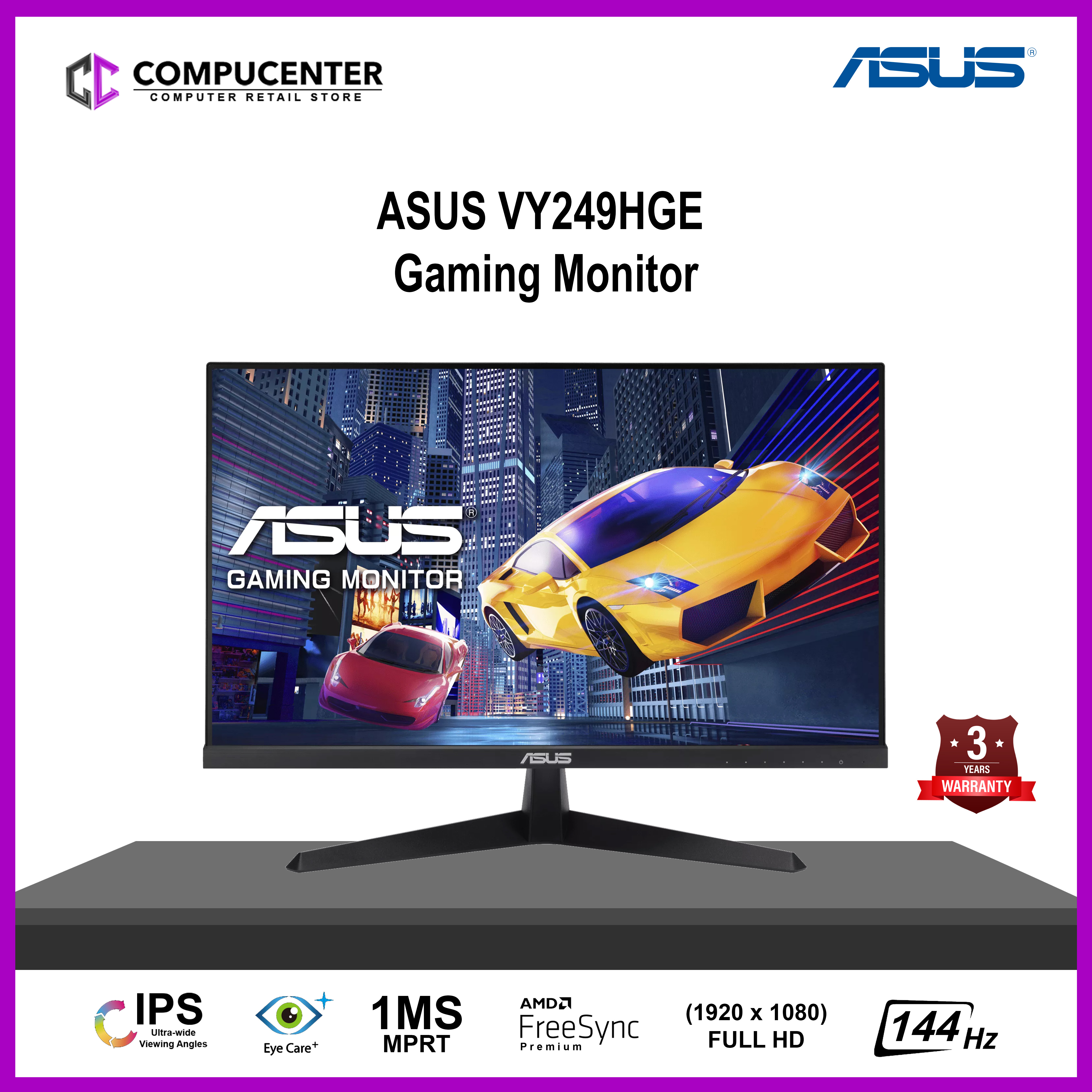 Asus Vy249hge Eye Care Gaming Monitor 24 Inch Fhd 1920 X 1080 Ips 144hz Ips 1ms Mprt 8396