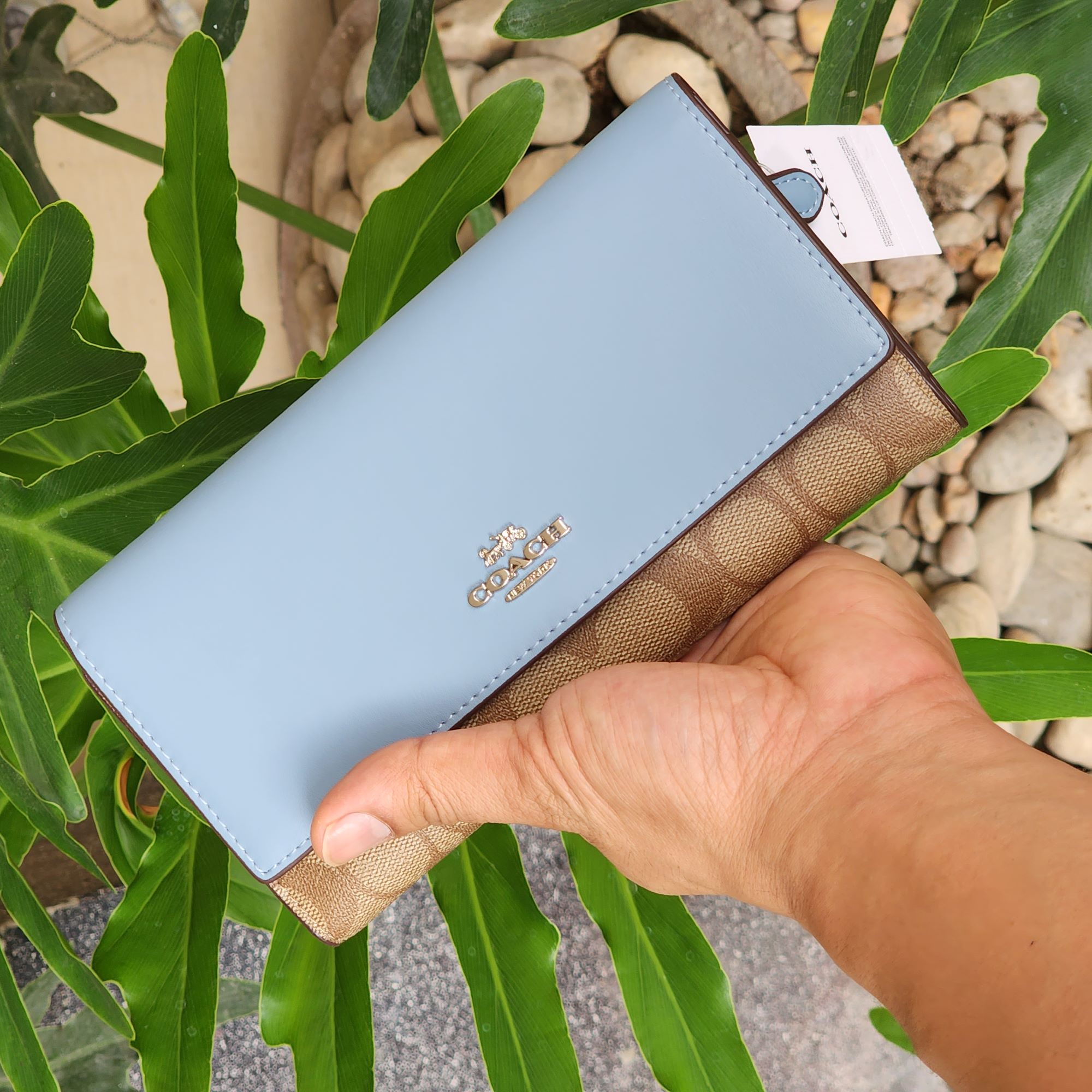 Original Coach Trifold Slim Wallet In Signature Canvas C5966 In Khaki