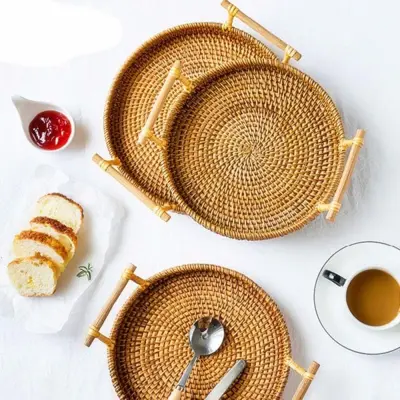 FKNHZX 3 Size Fruit Food Hand-Woven Rattan Breakfast Bread Round Basket Rattan Tray Wicker Basket Storage Tray