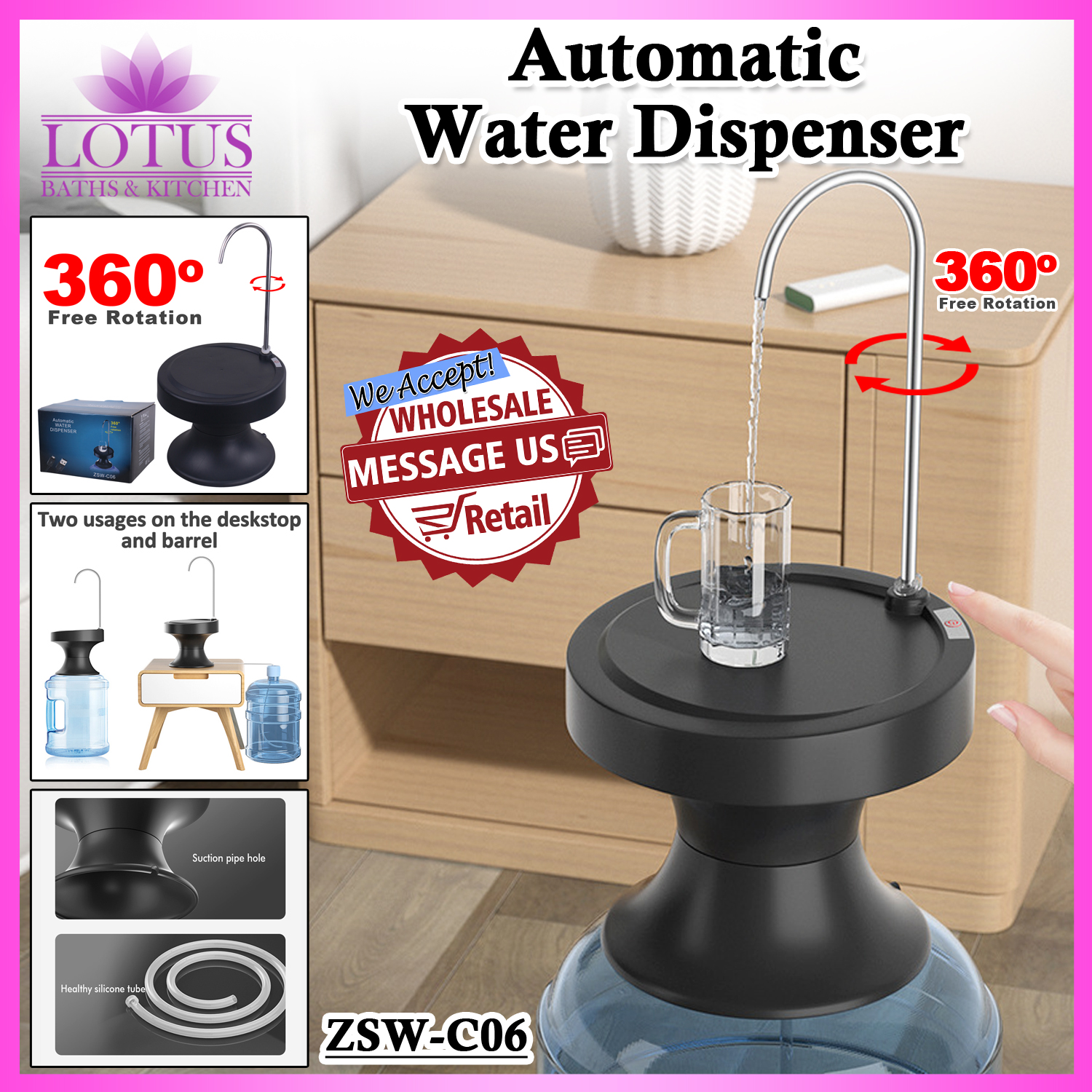 Lotus Baths ZSWC06 Electric Rechargeable Automatic Water Dispenser USB