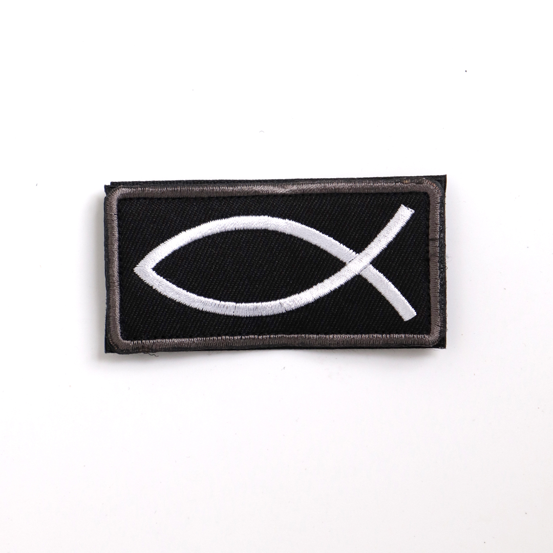 Jesus Fish Ichthys Patch Embroidered Morale Applique Fastener Hook & Loop Emblem White & Black