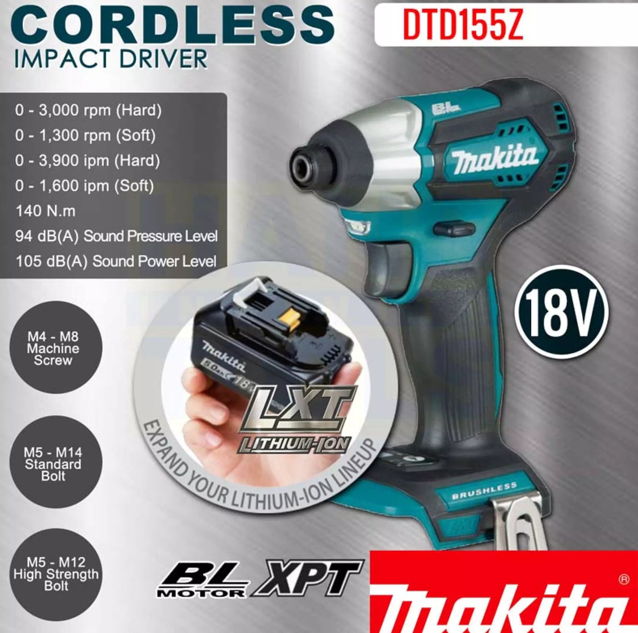 MAKITA DTD155Z 135 N·m (1,240 in.lbs.) Cordless Impact Driver 18V LXT® Li-Ion [Bare Tool] (1/4″) |