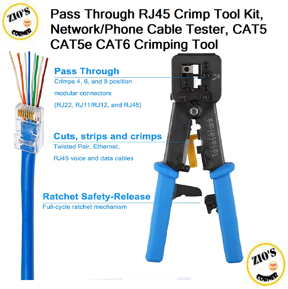 Pass Through RJ45 Crimp Tool Kit, Network/Phone Cable Tester, CAT5