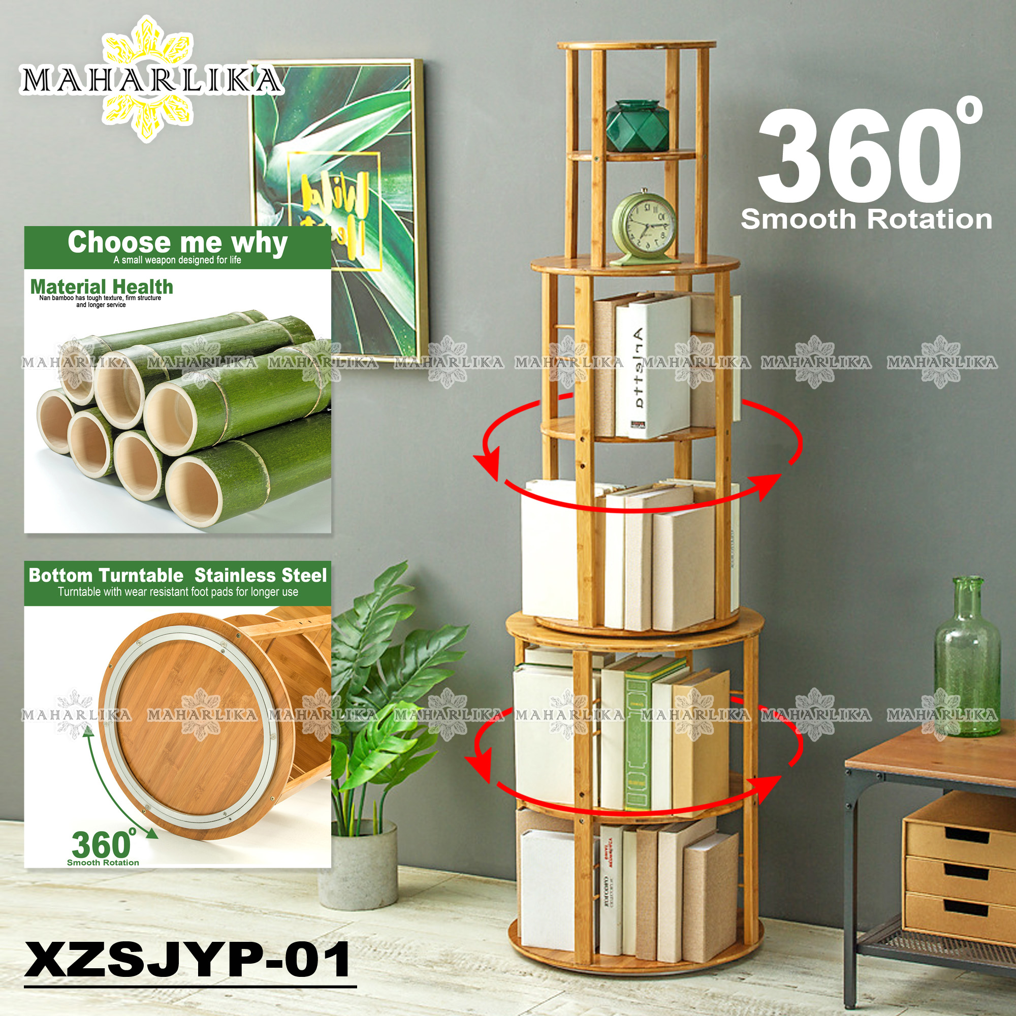 Maharlika XZSJYP01 6 Layer Bamboo Bookshelf 360 degrees rotating