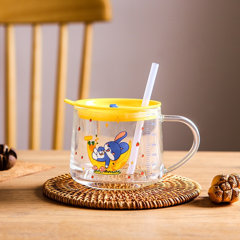 Print Milk Glass Cup for Kids with Handle, Spill Proof Lid and Straw, Coffee  Cup Mug Glass with Heat Resistance, 400 ml