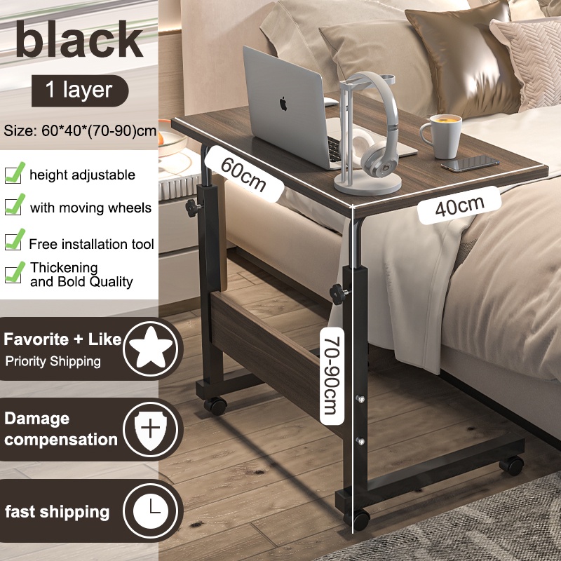 [Adjustable height] Bedside table with wheel study table with shelf