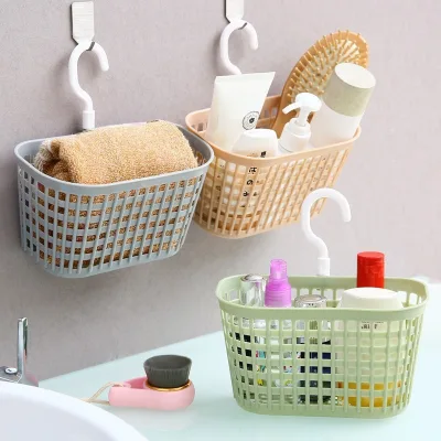 Plastic drain basket with hooks bathroom toilet wall mounted storage basket hanging bathtub