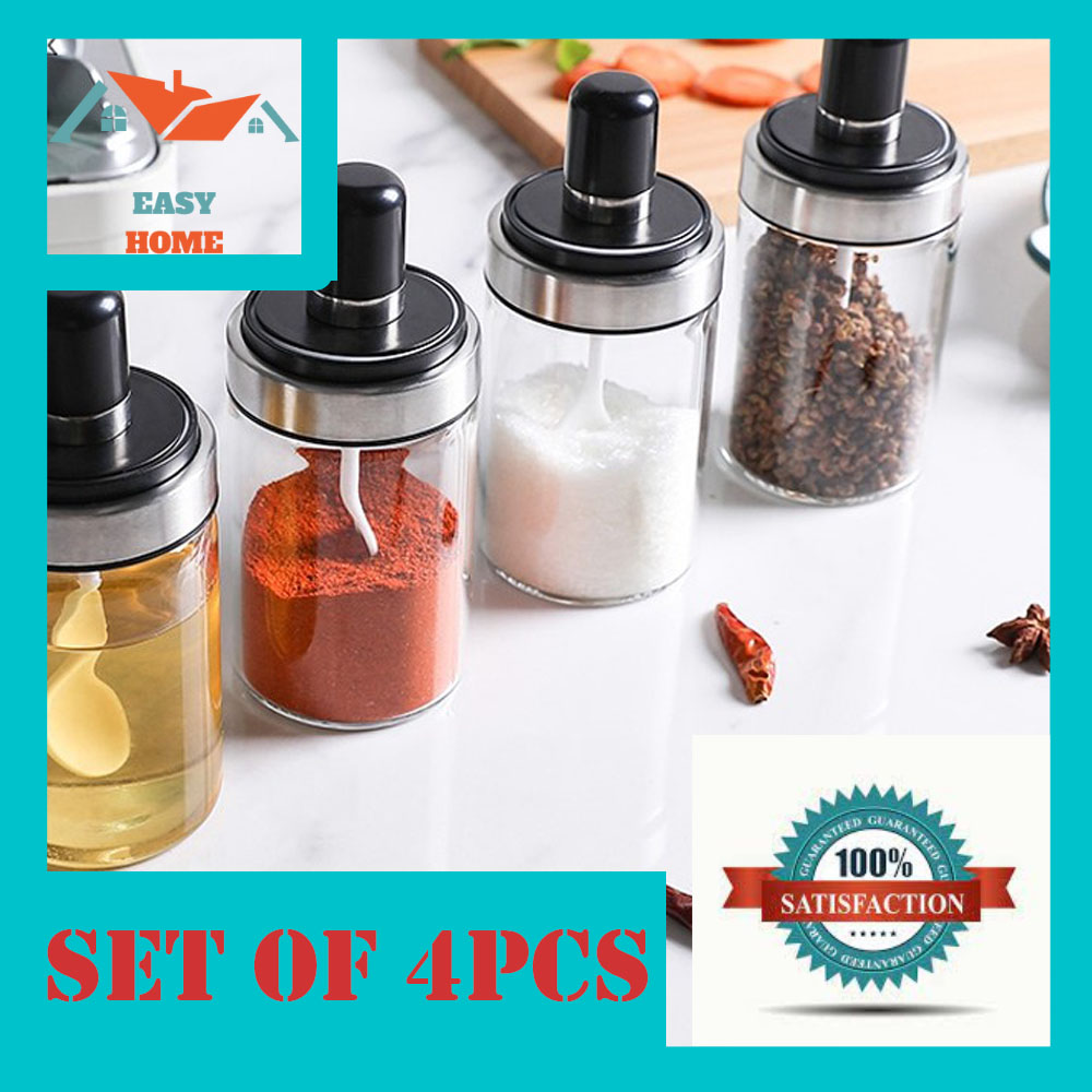 4pcs Glass Seasoning Bottle With Spoon Lid, Transparent Glass Spice Jars  For Kitchen, Home Storage Set