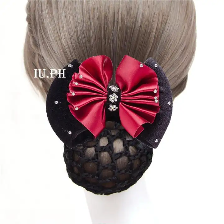 Iu Lady Bow Rhinestone Barrette Hair Clip Net Cover Bowknot Net