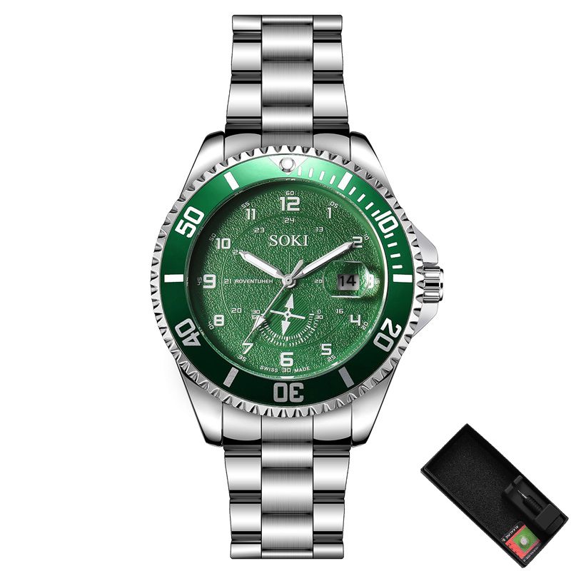 SOKI Original Waterproof Sports Silver Stainless Steel Green Dial ...