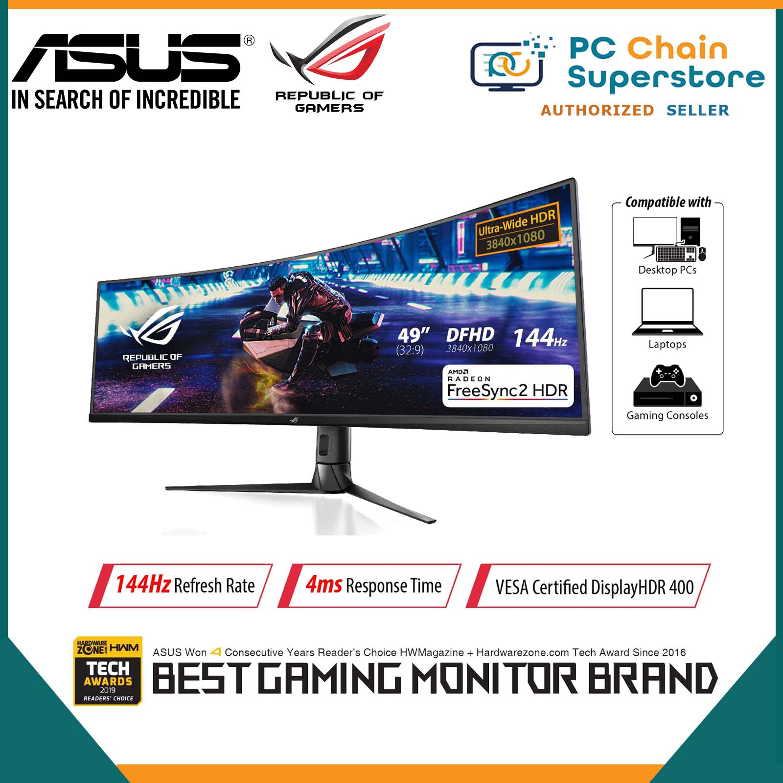 Asus Rog Strix Xg49vq Super Ultra Wide Hdr Gaming Monitor — 49 Inch 329 3840 X 1080 144hz 3753