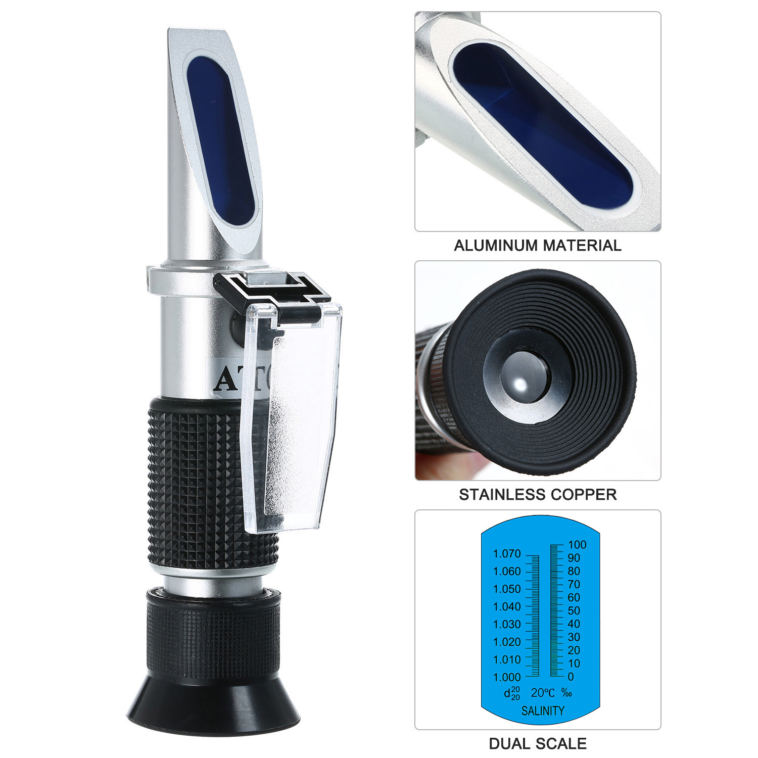 Salinity Refractometer Handheld Seawater Hydrometers Optical Salinity Tester Portable ATC Refractometer, Dual Scale: 0-100 & 1.000-1.070 Specific Gravity, Saltwater Tester