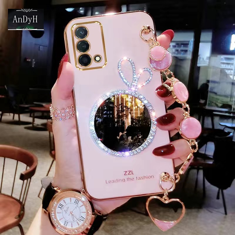 AnDyH Precise camera protection case For OPPO A74 4G F19 cases Bunny makeup mirror with gemstone bracelet