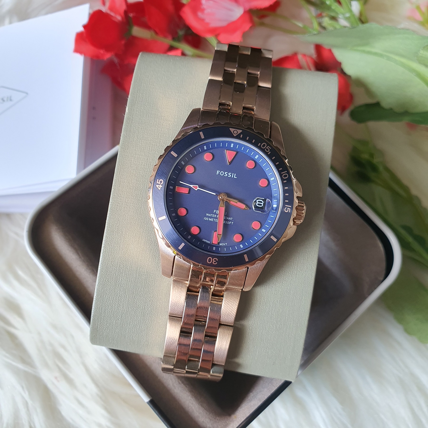 Original Fossil BQ3597 Blue Dial Rose 