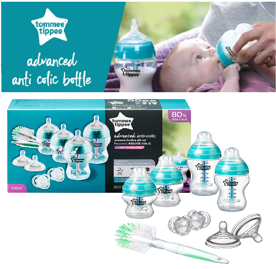 Tommee Tippee Advanced Anti Colic Newborn Starter Set, 5oz & 9oz Baby  bottle and Pacifier, slow & med flow teats brush