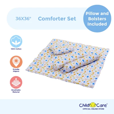 Child Care Baby Comforter Set with Pillow and Bolsters, 36X36" - Portable, Foldable, 4-in-1 With Protective Case (Girls) (Boys) (Newborns)