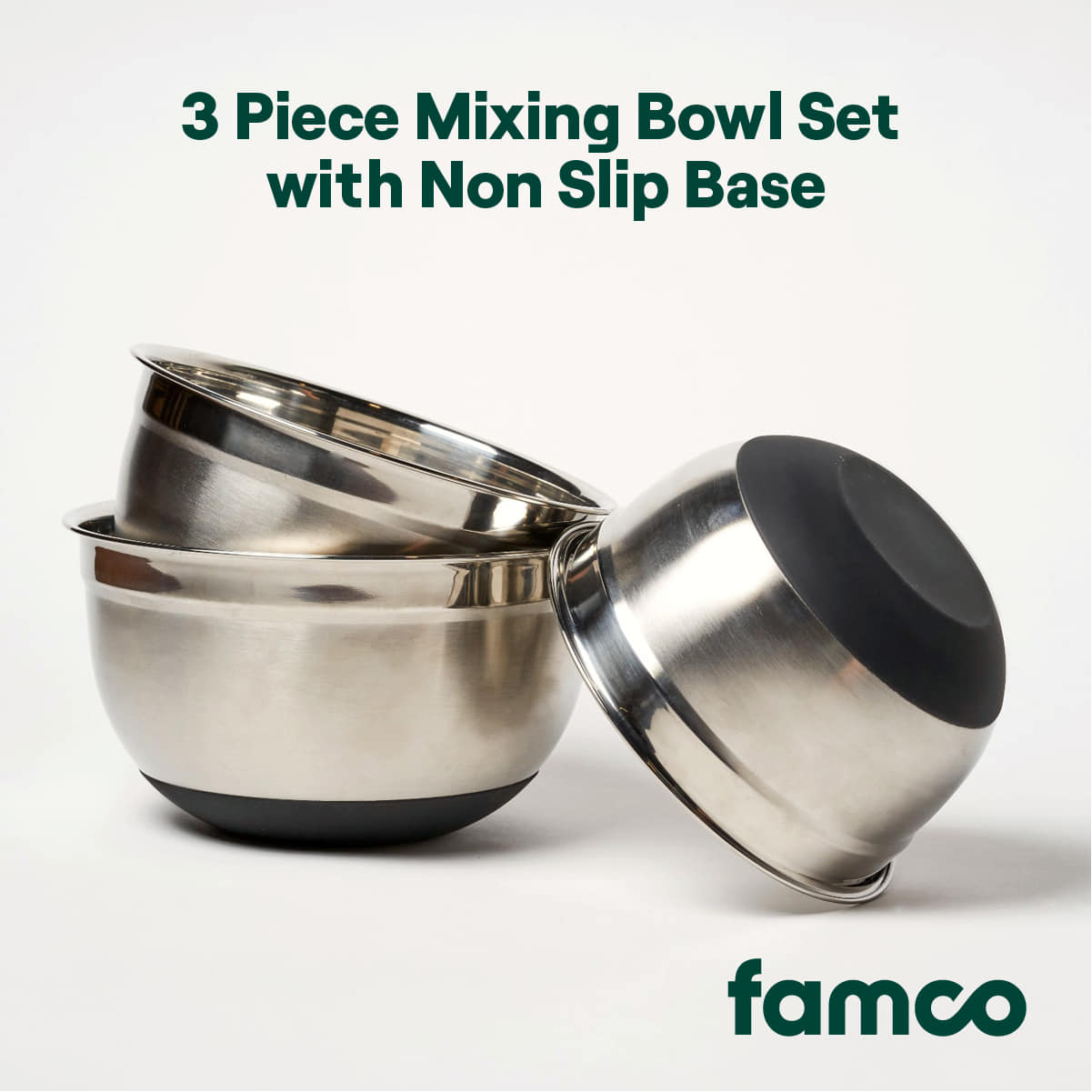 Famco 3Piece Mixing Bowl Set w/ Non Slip Base, Premium 304 stainless