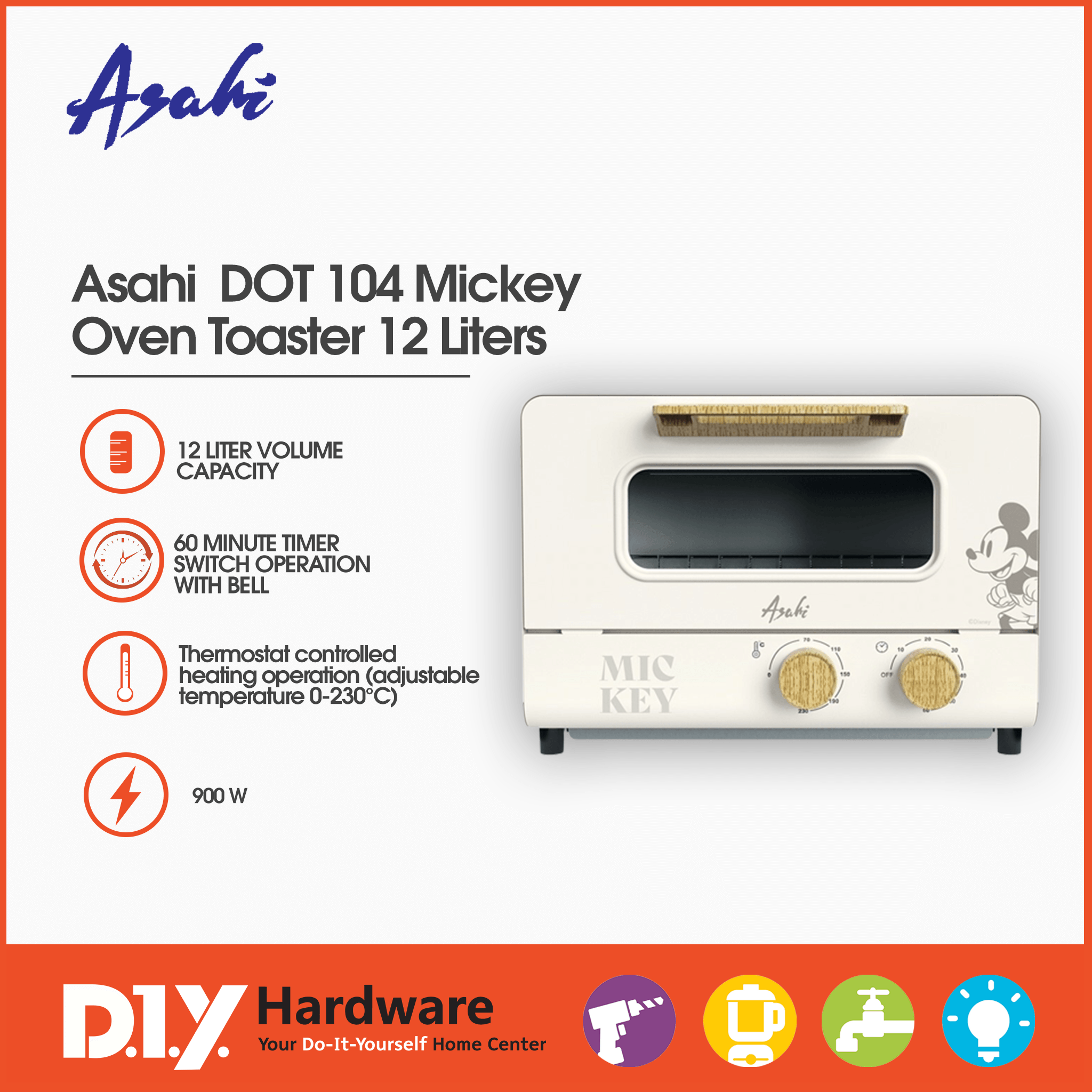 Asahi DOT 104 Mickey Oven Toaster 12 Liters DIYH ONLINE EXCLUSIVE
