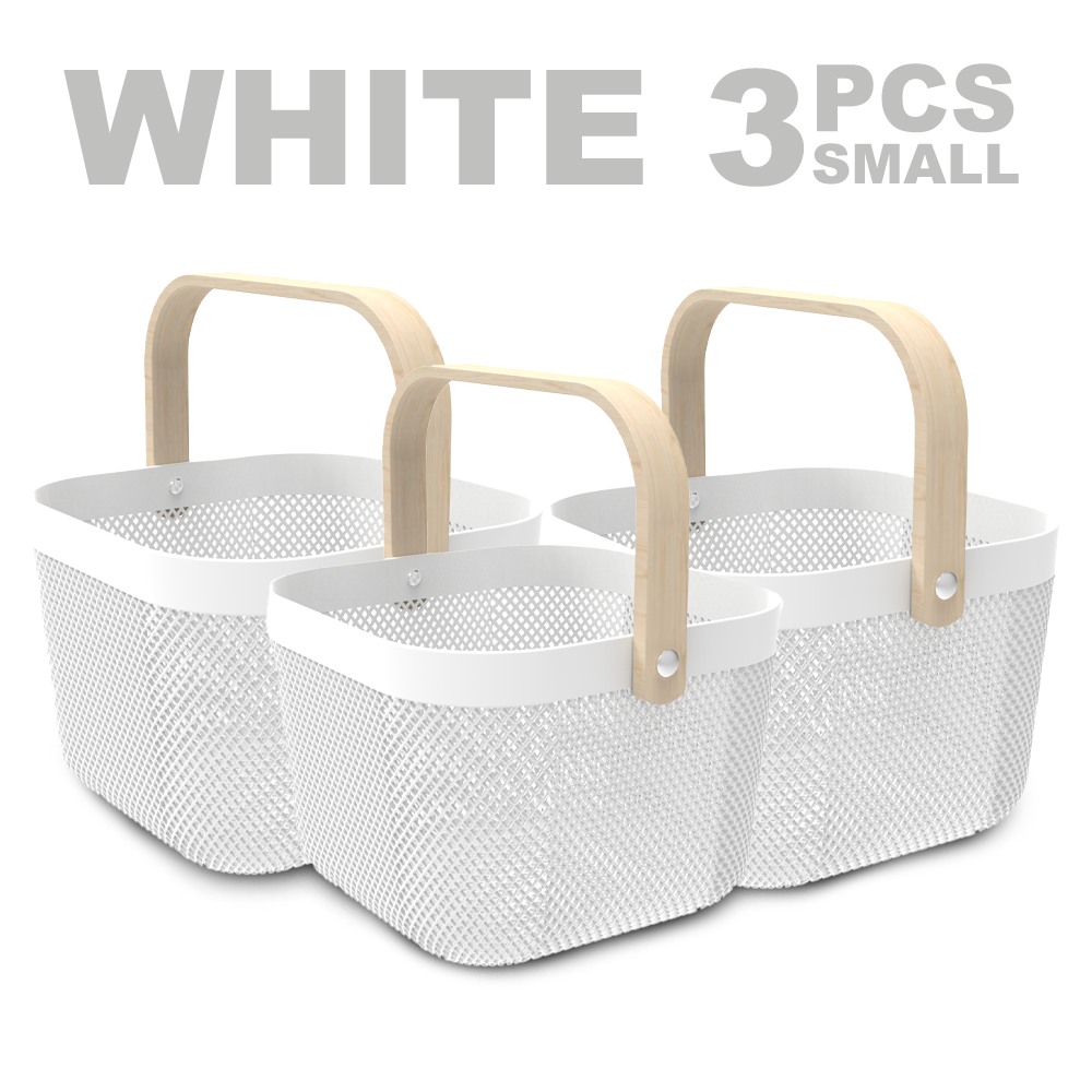 Locaupin Set of Plastic Mesh Basket with Wooden Handle Organizer