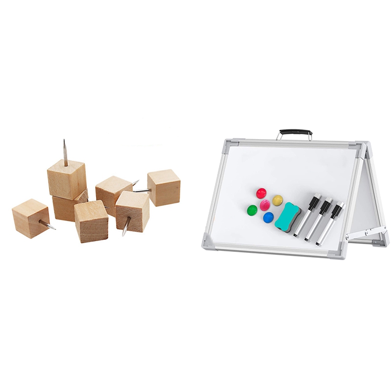 60Pcs Square Wood Decorative Push Pins & 1 Set Foldable Whiteboard Double-Sided Magnetic Board Holder