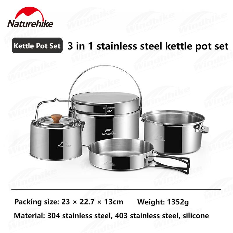 Naturehike Pure 304 Stainless Steel Camping Pot or Pot + Kettle Cookware Set Outdoor 3 in 1