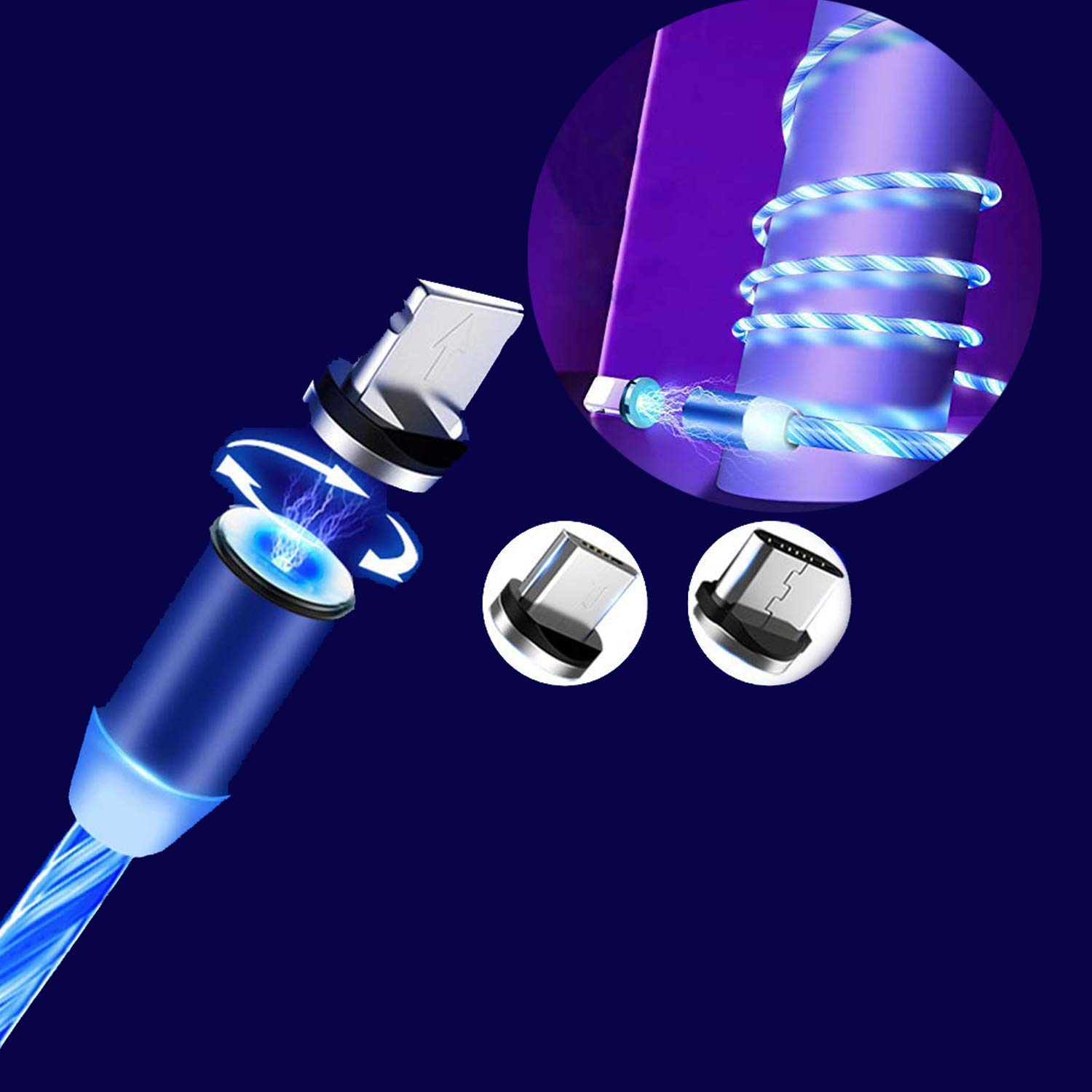 For Android / Type C / Micro USB / for iPhone lightning, Luminous Charger Cable Fast Charging Cord Mag-netic
