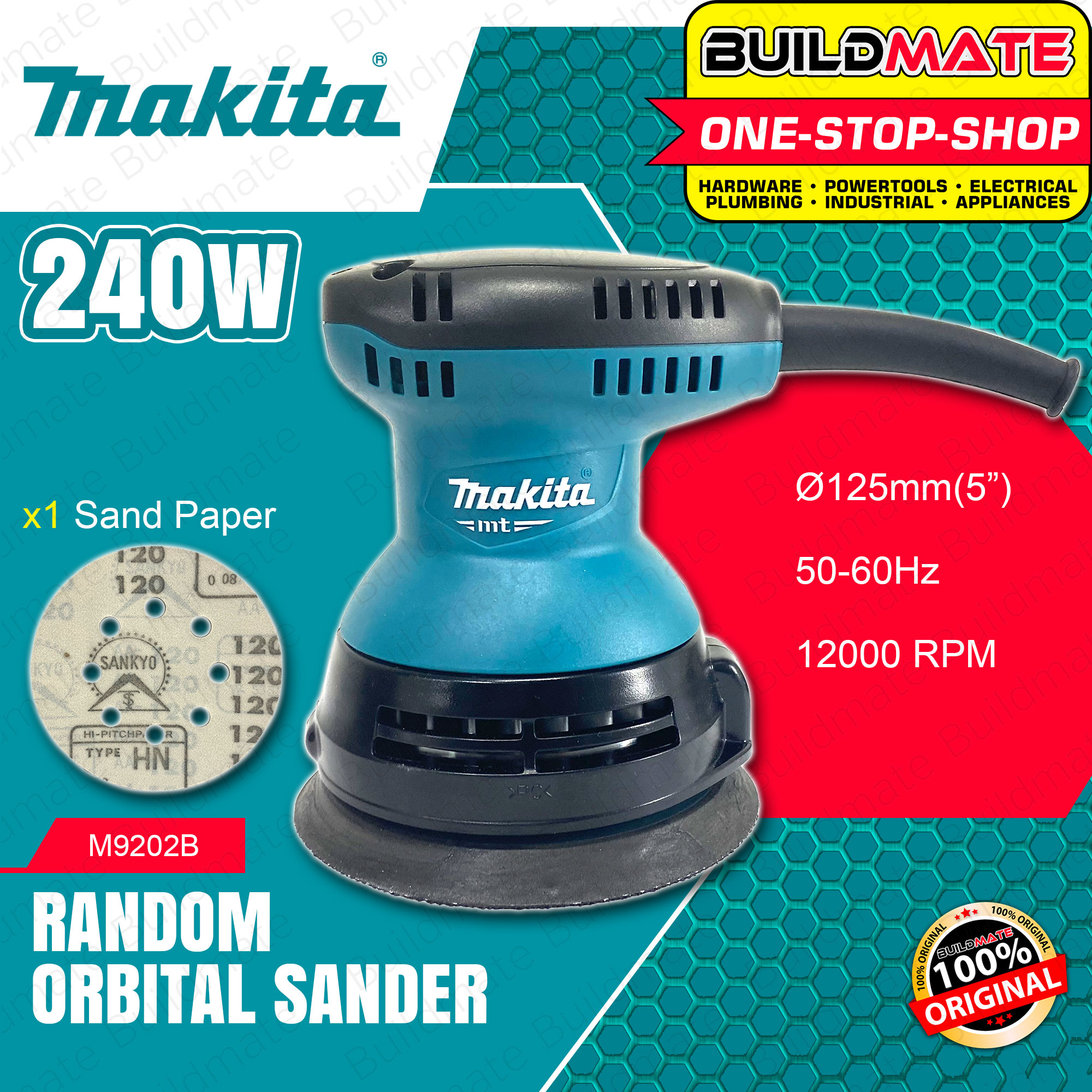 MAKITA Original Random Orbital Sander 240W 125mm M9202B BUILDMATE
