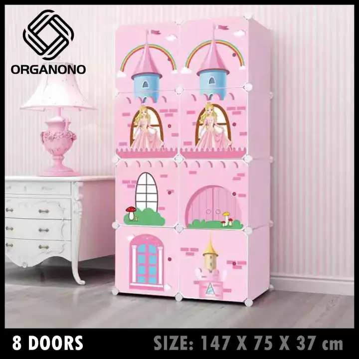 Organono Multipurpose Eco Friendly Diy 8 Doors Cubes Pink Princess Blue Prince Castle Clothing Clothes Cabinet Wardrobe Toy Storage Organizer For