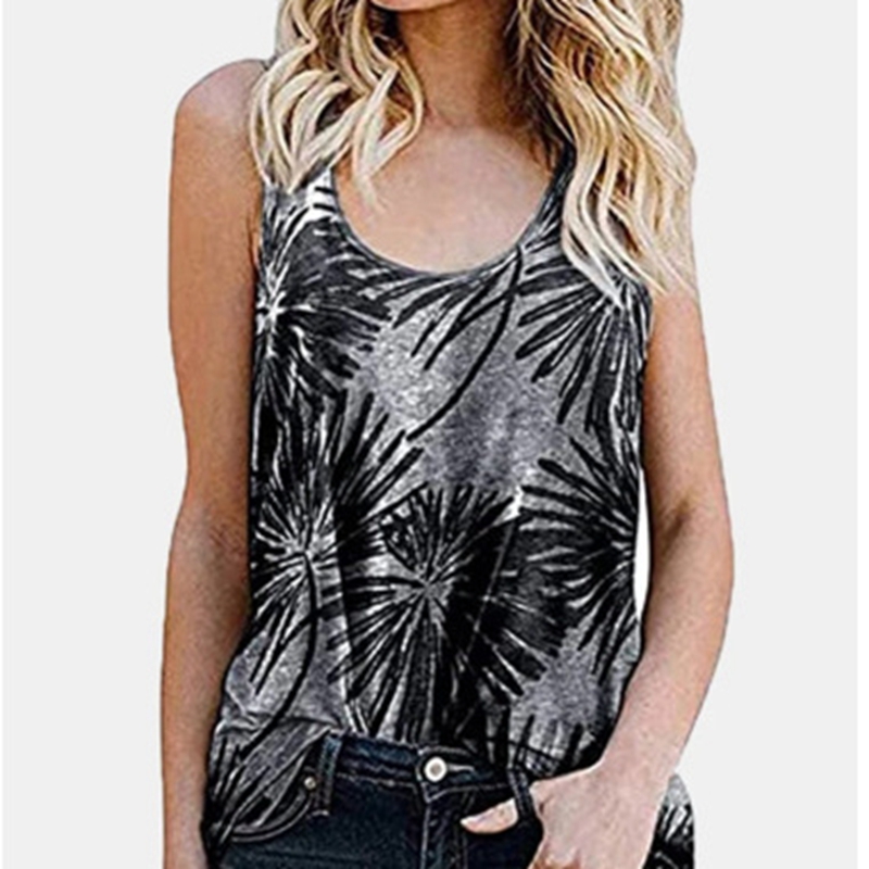 Women's Summer Sleeveless Vest Low Round Neck Casual Top Printed T-Shirt