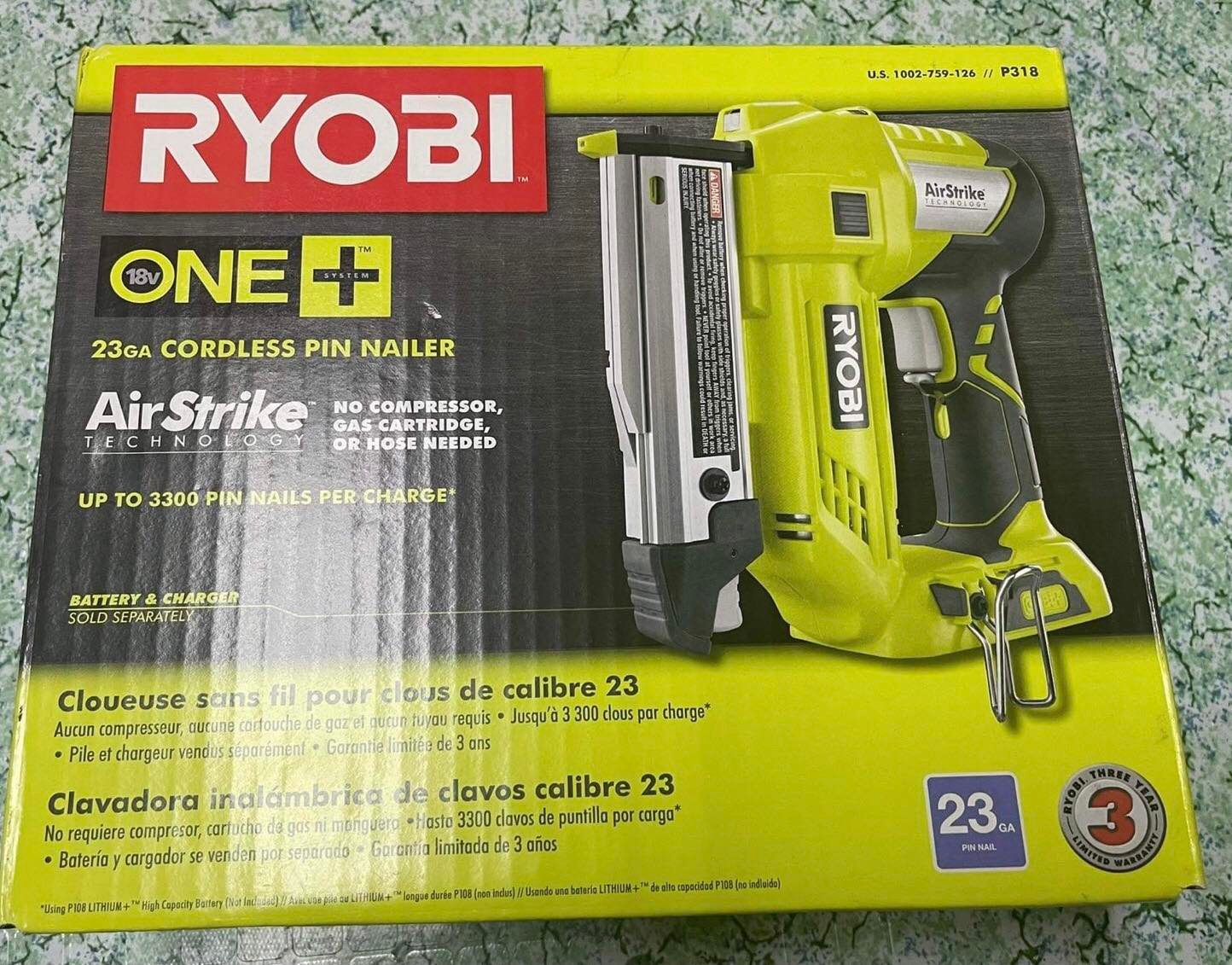 Ryobi P318 18-Volt ONE+ Lithium-Ion Cordless AirStrike 23-Gauge 1-3/8 ...