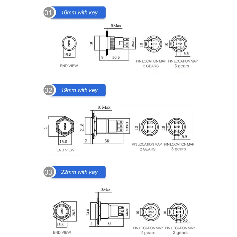 16/19/22mm With Key SelfLocking SelfReset 2/3 Positions Waterproof Metal Knob Switch 3/6 Pin