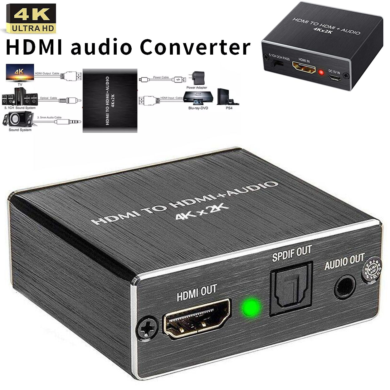 HDMI Audio Extractor Converter HDMI to Optical TOSLINK SPDIF + HDMI with  3.5mm Stereo Audio Splitter Adapter 4K x 2K 3D
