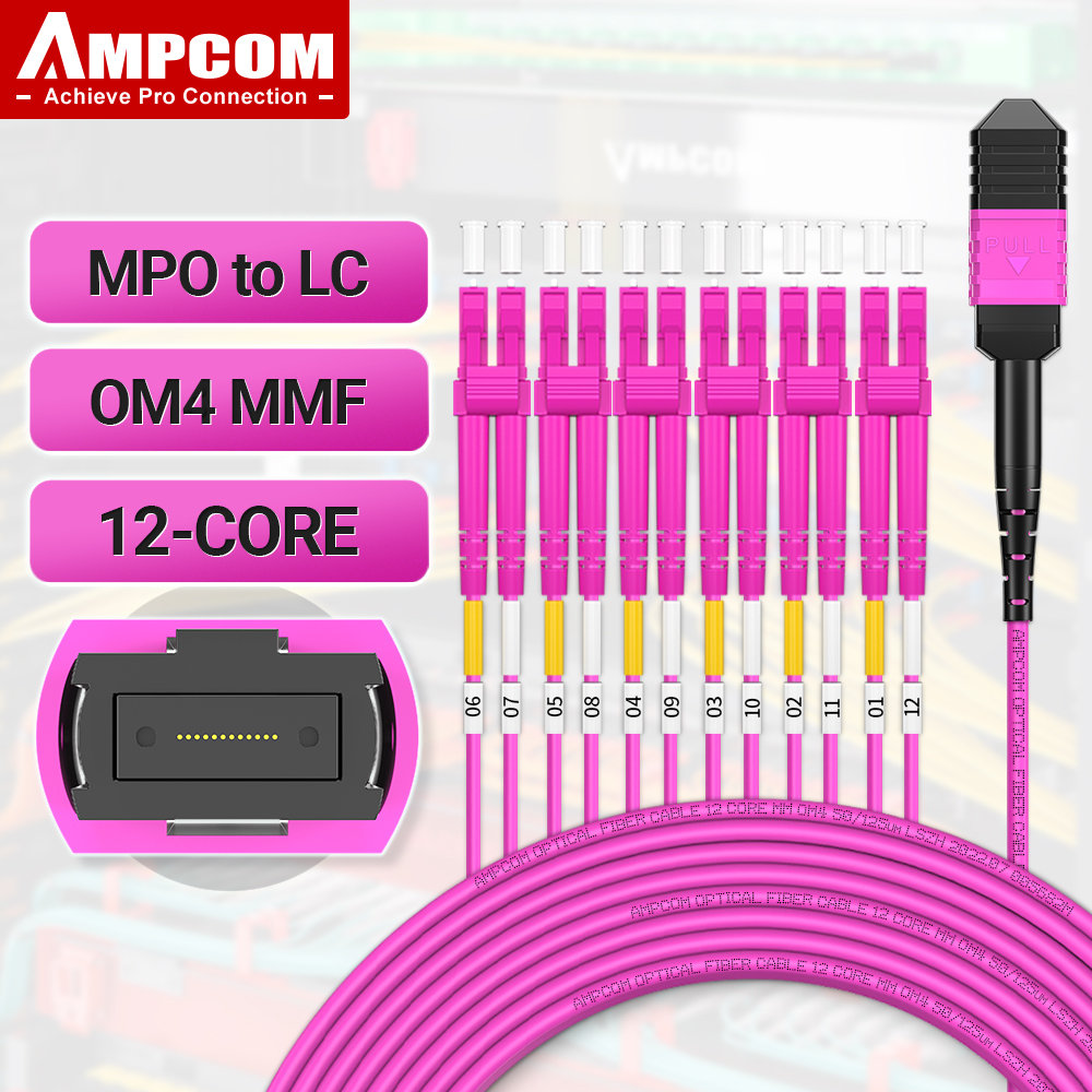 AMPCOM MPO/MTP To LC Fiber Breakout Cable, OM4 8/12/24 Cores 50/125 ...