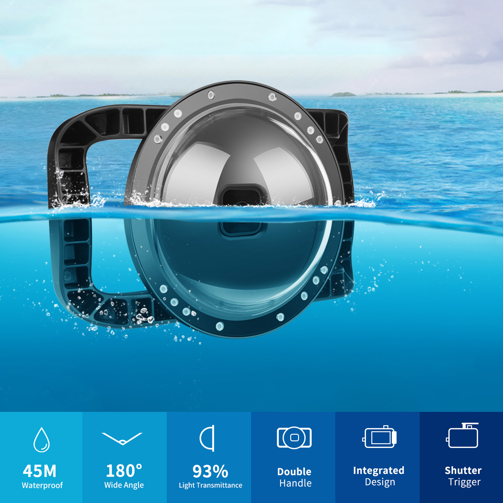 SHOOT XTGP559 Camera Dual Handle Dome Port Waterproof Case Camera Protective Case 45m Waterproof 180° Wide Angle Replacement for GoPro Hero 9 Black GoPro Hero 10