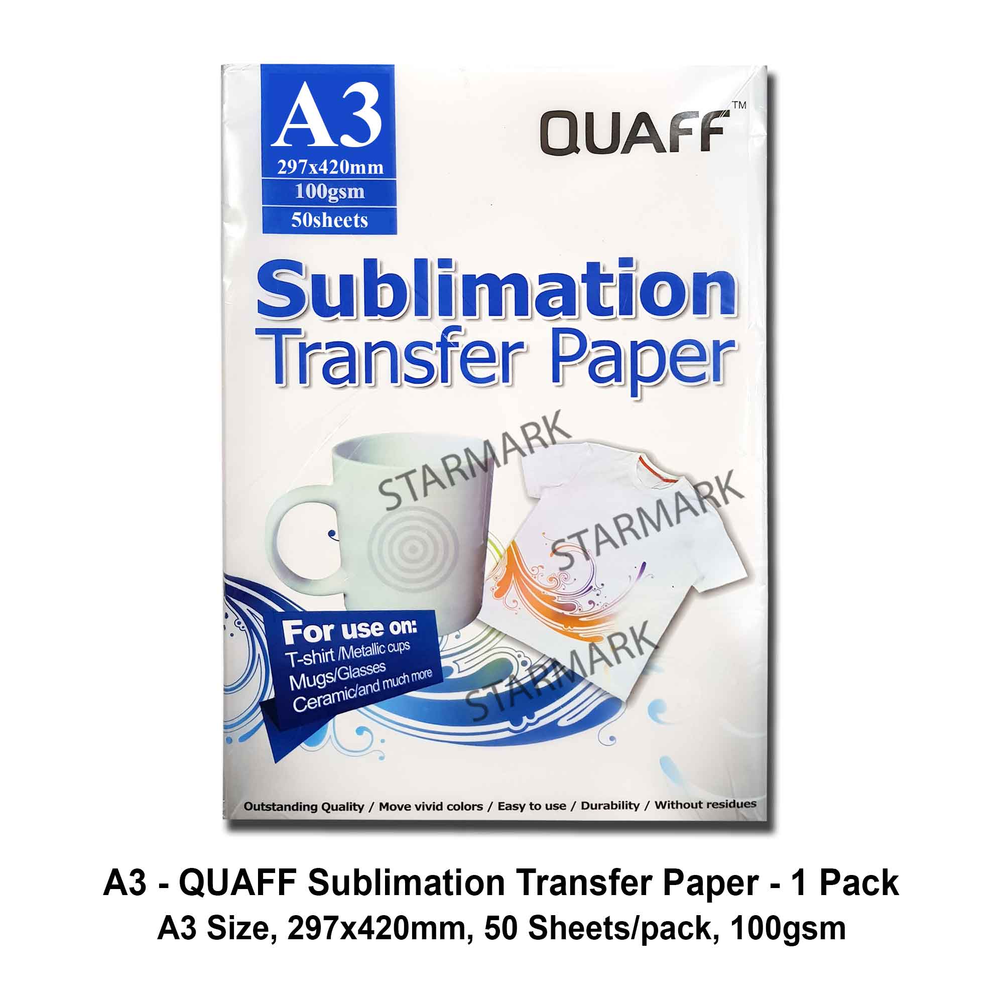 1 Pack Quaff Sublimation Paper Transfer Papers A3 Size, 297mm x 420mm, 297  mm x 420 mm, 50 sheets/pack, 100gsm, for mugs, tshirts, etc.