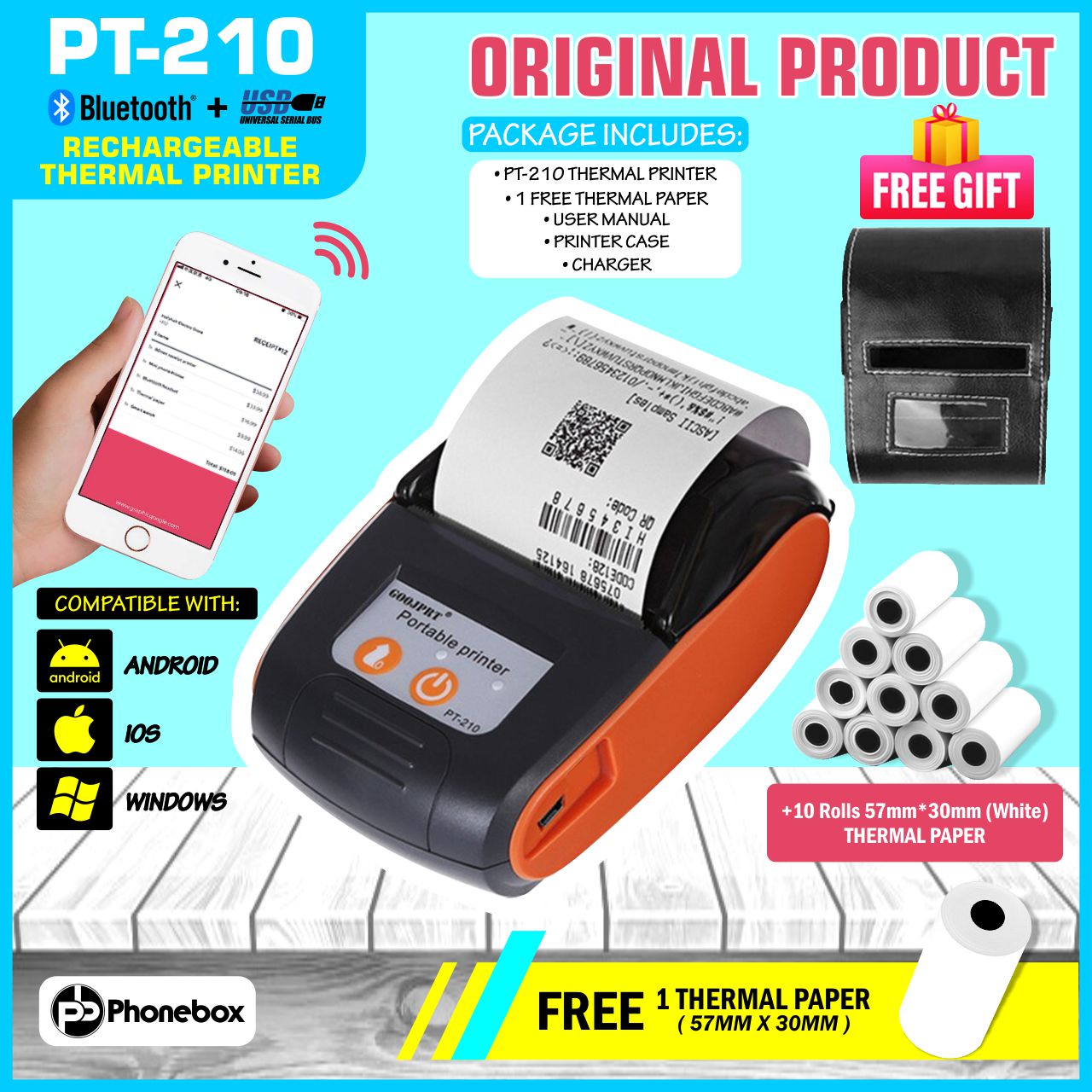 GOOJPRT PT-210 Portable Thermal Printer BLUETOOTH Handheld 58mm