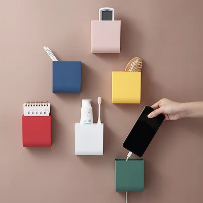 RAPLUS Wall Mount Remote Control Storage Box Holder Garage Office Supplies Pen Holder Organizer Caddy Self Adhesive Cubicle Wall Mounted Stick On Store Pens Pencils