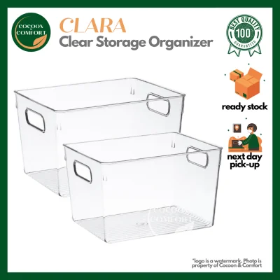 COCOON & COMFORT Clara Clear Acrylic Storage Organizer Transparent Desktop Office Storage Sorting Multifunctional Refrigerator Pantry Basket Bin with Handles