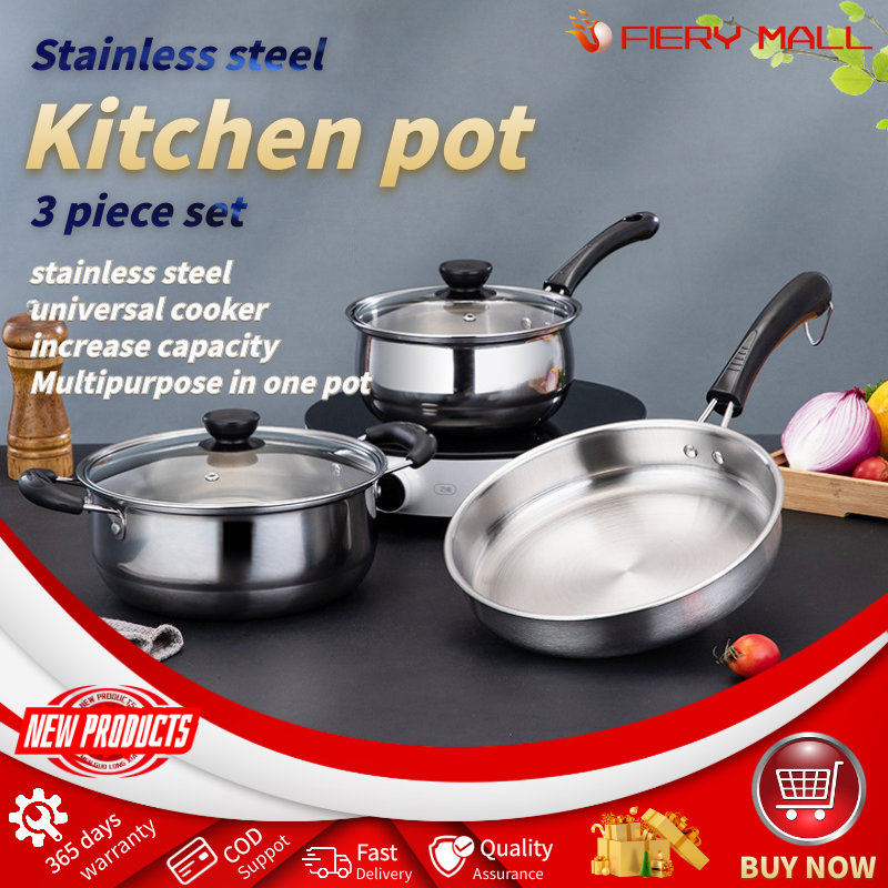 Stainless Steel Cookware Set Flat Bottom Frying Pan Soup Pot Milk