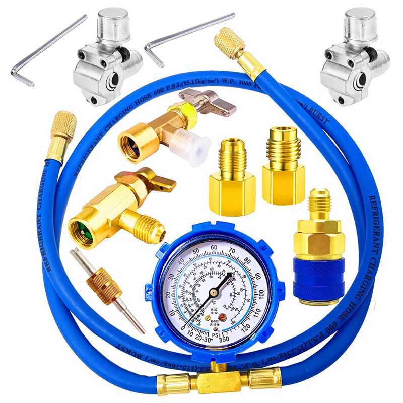 R134A AC Recharge Hose Kit With Gauge – 1/2 ACME Thread – For Puncture Style Cans – US Stock