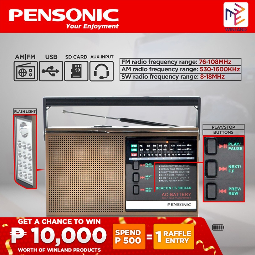 PENSONIC Beacon Clear Portable Radio Transistor Device AM/FM/USB/SD/AUX