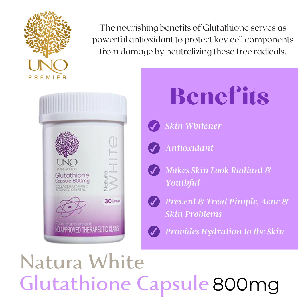 ✓✓UNO New Glutathione Capsule 800mg Anti-oxidant Immune System Booster  Eliminates free radicals SkinWhitening Rejuvenates Body Cells  BFAD,HALAL,FDA GLOBAL BRAND and under ISO certified company Aids liver  filtering out toxins &Improves the skin |