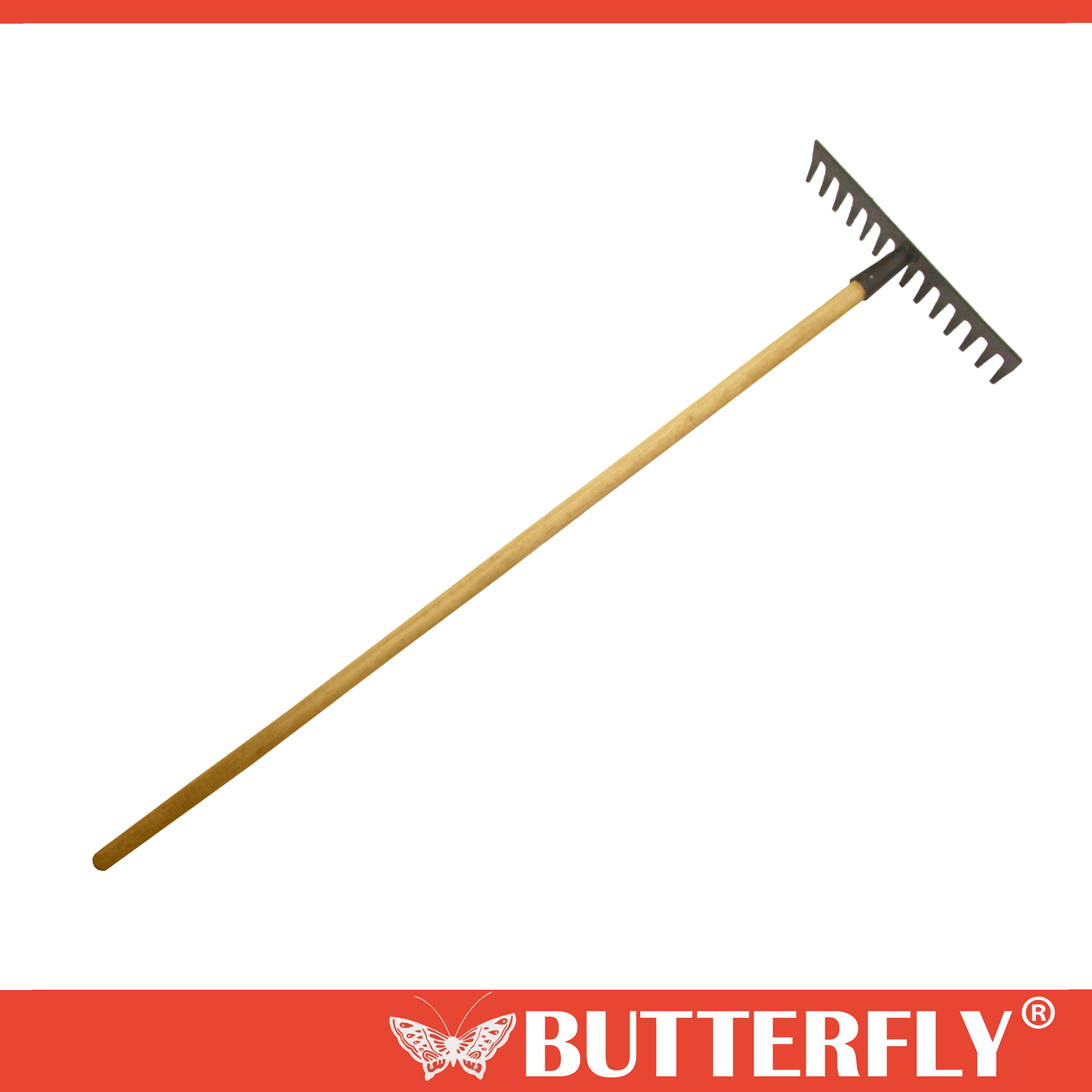 BUTTERFLY Garden Tools Rake Long Wooden Handle (14 teeth) in Pointed ...